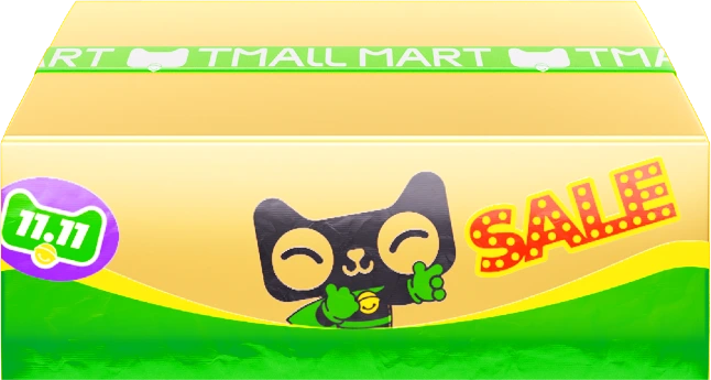 带有猫超标识、TMALL MART 封箱带与SALE贴纸的快递箱